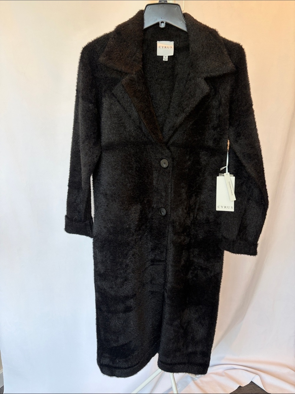 Cyrus Black Plush Mid-Length Button Front Coat-XS